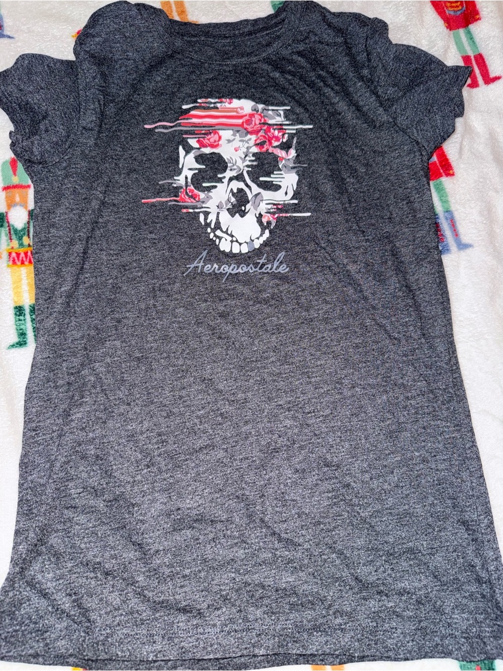 Aeropostale Gray Short-Sleeve Skull Tee with Pink Floral Accents